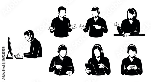 Set of customer service representatives with headsets