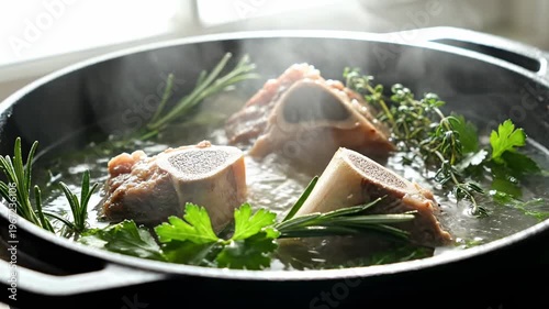 Bone Broth Simmering Bones and Herbs for Nourishment.