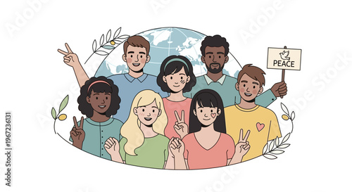 Diverse group of people showing peace signs and unity outdoors globally