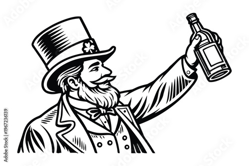 Leprechaun Man Holding Whiskey for St Patrick’s Day Vintage Illustration. Vintage black and white vector illustration of a classic Irish leprechaun man, detailed engraving style.