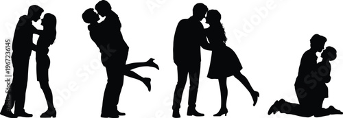 Silhouette set of passionate couples in romantic poses including intimate kissing, lifting, and embracing, ideal for Valentine's Day, wedding celebrations, and romantic relationship design concepts.