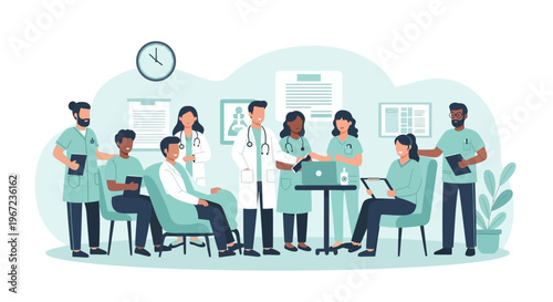 Medical team collaborates in a modern hospital office setting with doctors and nurses