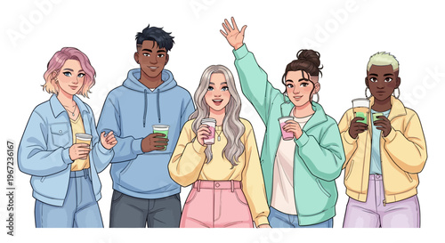 A group of diverse friends enjoying drinks together outdoors on a sunny day.
