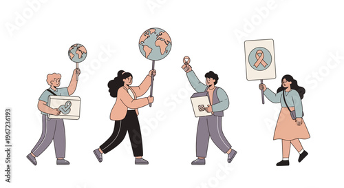 People protesting with signs and globe for social issues in city