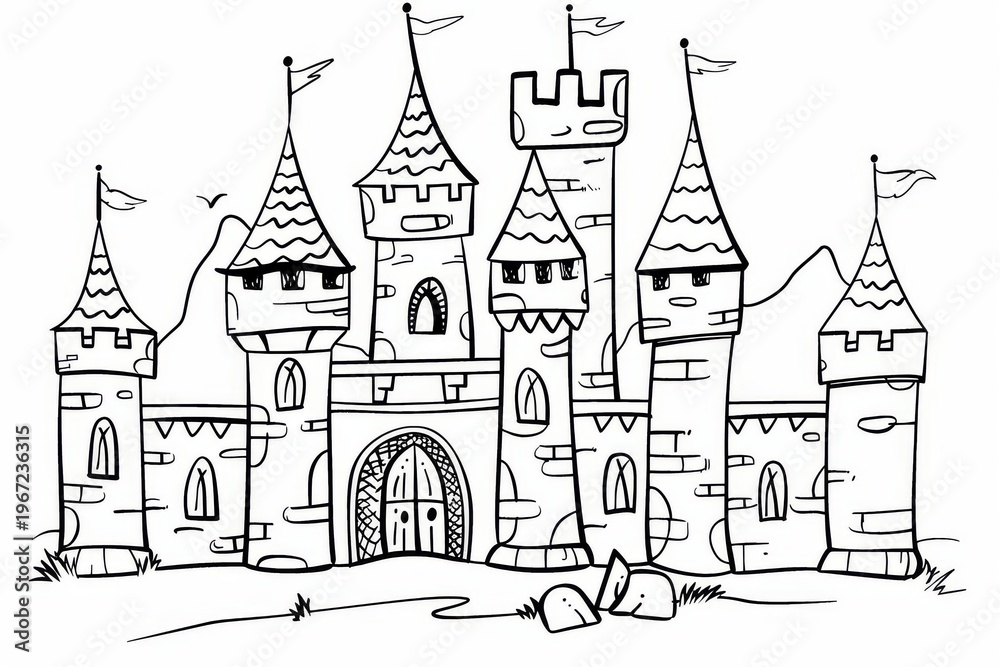 Obraz premium Old castle turrets line art coloring page cartoon outline simple black white architecture design