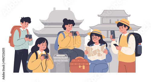 A diverse group of cheerful friends enjoys an exciting outdoor Easter egg hunt, actively searching for colorful hidden eggs with a map, symbolizing springtime joy and playful discovery