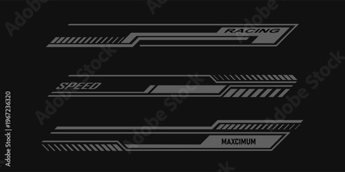 Car race stripes set. Automobile identity. Vehicle marking elements for transport modifying. Speed lines, racing tuning strips or car stickers. Vector illustration isolated on black background