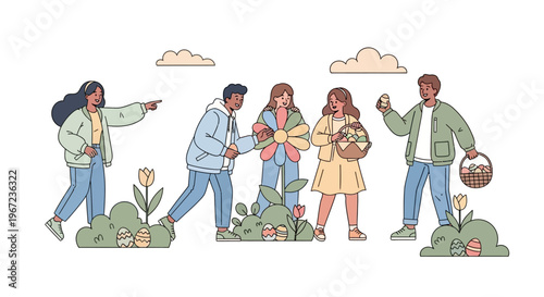 People are planting flowers and gardening together outdoors happily