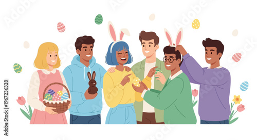 People celebrate Easter with bunny ears and decorated eggs together outdoors