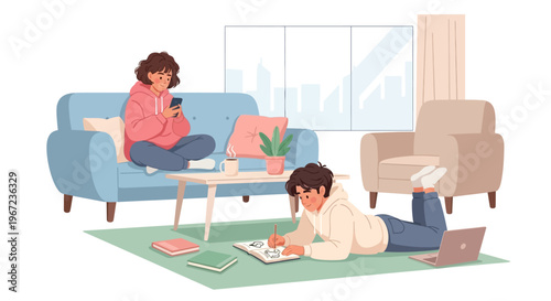 Couple relaxing at home with laptops on couch and floor in living room