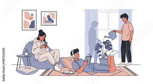 Family members interact in a cozy living room with plants and artwork