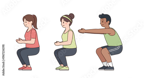 Three diverse individuals performing squats in a fitness or exercise session, emphasizing health and well-being