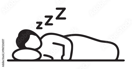 Sleeping Man Lying on Bed with Zzz, Black and White Illustration Vector on a White Background