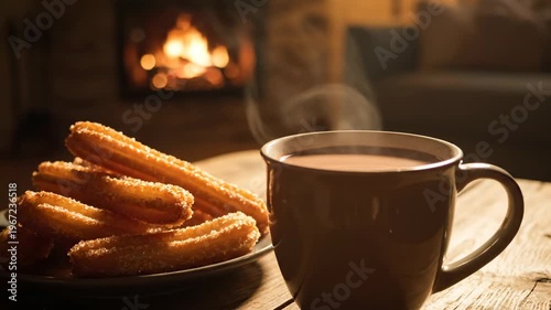 Cozy Winter Evening Churros and Hot Chocolate by the Fireplace.