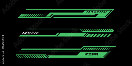 Car race stripes set. Automobile identity. Vehicle marking elements for transport modifying. Speed lines, racing tuning strips or car stickers. Vector illustration isolated on black background