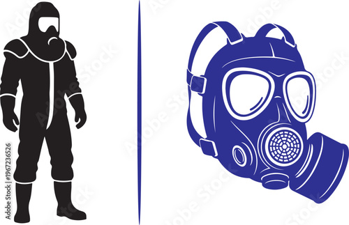 Vector illustration of specialized personal protective equipment featuring a black hazmat suit and a detailed blue gas mask for hazardous environment safety and respiratory protection.