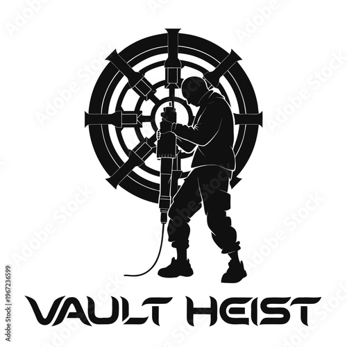 Vault Heist Silhouette Logo - Industrial Drill Breaking into Safe