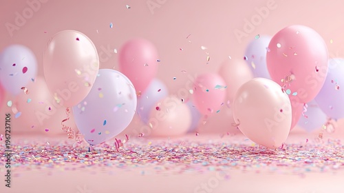 Pink and purple balloons with confetti on pastel background