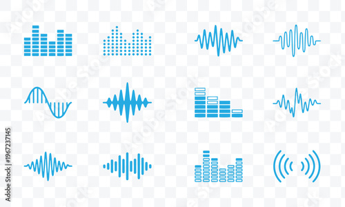Sound Wave and Equalizer Vector Icons Set. Blue Audio Spectrum Visualizer, Music Frequency, Radio Signal, Graphic EQ and Voice Design