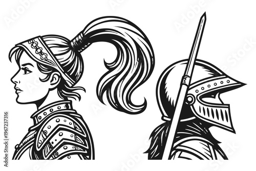 Female Knight in Armor Medieval Warrior Woman. Vintage Engraving Set. A highly detailed black and white vintage vector illustration of a powerful medieval female knight, shown in two poses side by sid