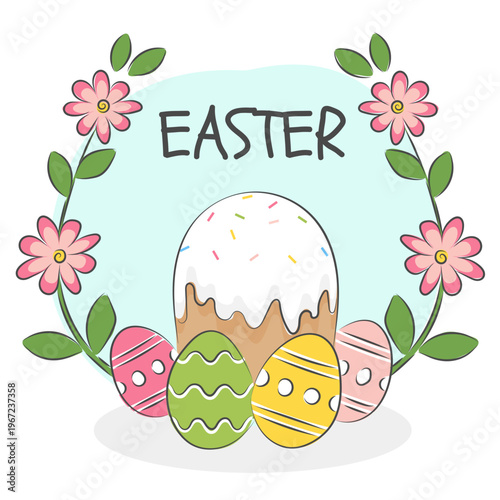Easter Cake with Decorated Eggs and Floral Frame – Spring Vector Card