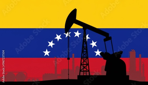 Oil Pump Jack and Silhouette with Flag of Venezuela Background