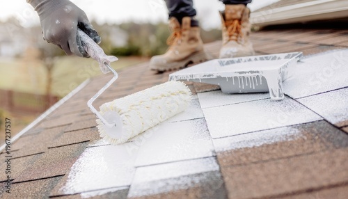Person Painting Roof Tiles with Roller and Tray in Residential Area