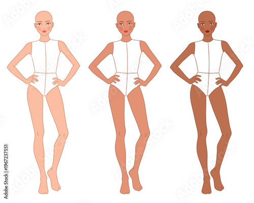 Vector set of 11-13-year-old girl fashion templates with diverse skin tones, perfect for character design and apparel sketching.