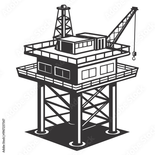 An offshore oil rig platform with a crane on top for industrial and construction concepts