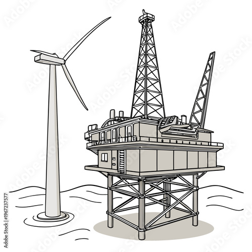 Offshore oil rig platform with wind turbine on for energy production concept