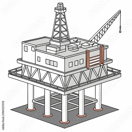 An oil rig platform with a crane and derrick on top for drilling operations