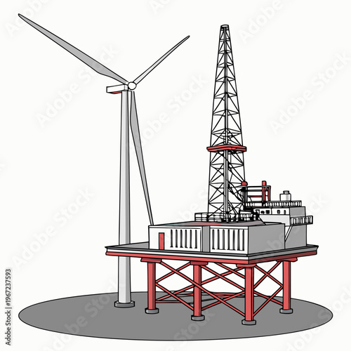 An offshore oil rig platform with a wind turbine on a for alternative energy and fossil fuel contrast