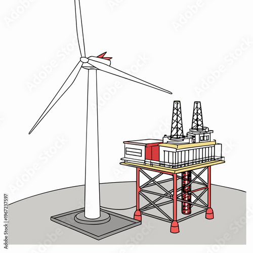 An oil rig and wind turbine on a grey surface with a