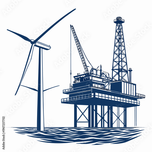 Offshore oil rig platform with wind turbines for energy production concept