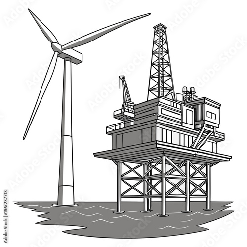 An offshore oil rig platform with a wind turbine on a for alternative energy and fossil fuel contrast