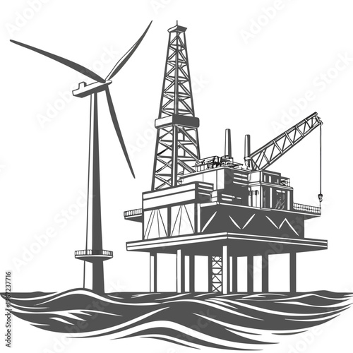 Offshore oil rig and wind turbine in the ocean for energy production concept