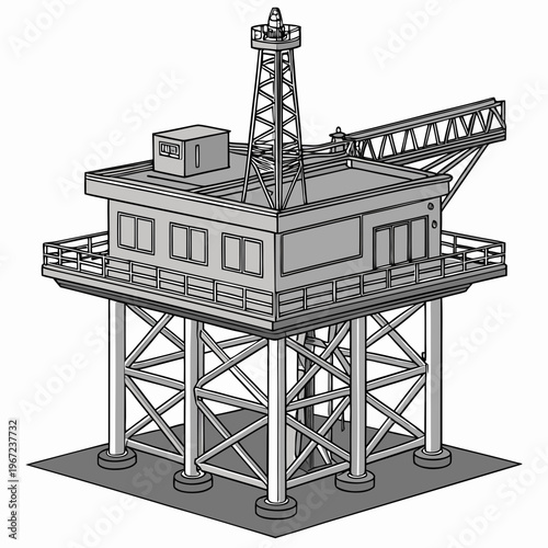 An offshore oil rig platform with a crane and control room on top