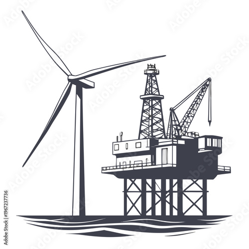 Offshore oil rig platform with wind turbine for energy production concept