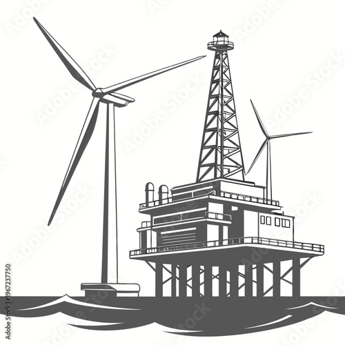 An offshore oil rig platform with wind turbines for energy production concept