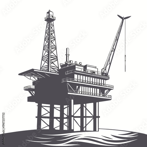 An offshore oil rig platform with a crane and derrick on a for industrial or energy concepts