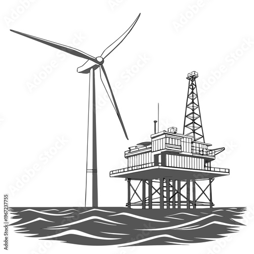 Offshore oil rig platform with wind turbine on for renewable energy and fossil fuel contrast