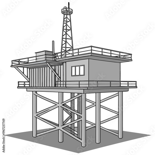 An offshore oil rig platform with a control room and a tall observation tower
