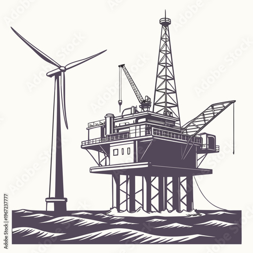 An offshore oil rig platform with a wind turbine on the side for renewable energy generation and sustainable practices
