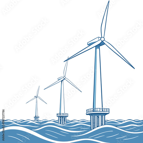 Offshore wind turbines generating renewable energy with ocean waves