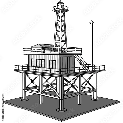 An illustration of an offshore oil rig with a lighthouse on top