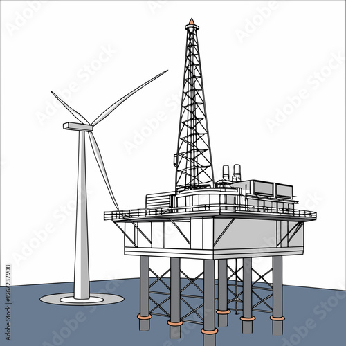 Offshore oil rig platform with wind turbine for energy production concept