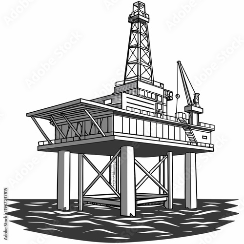 An offshore oil rig platform with a derrick and crane for industrial and energy concepts