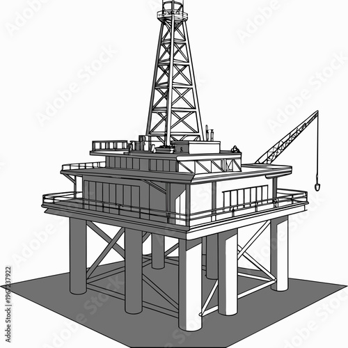 An offshore oil rig platform with a crane and derrick on a for industrial or energy concepts