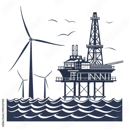 Offshore oil rig and wind turbines in the ocean with seagulls flying overhead