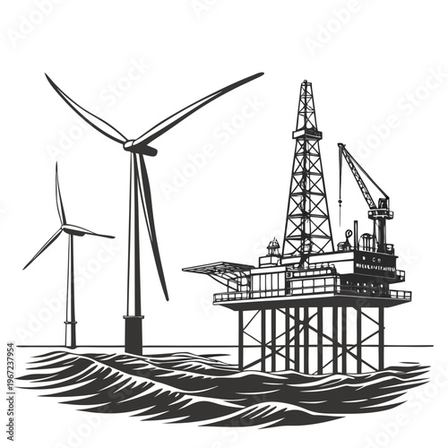An oil rig and wind turbines in the ocean for energy production concept